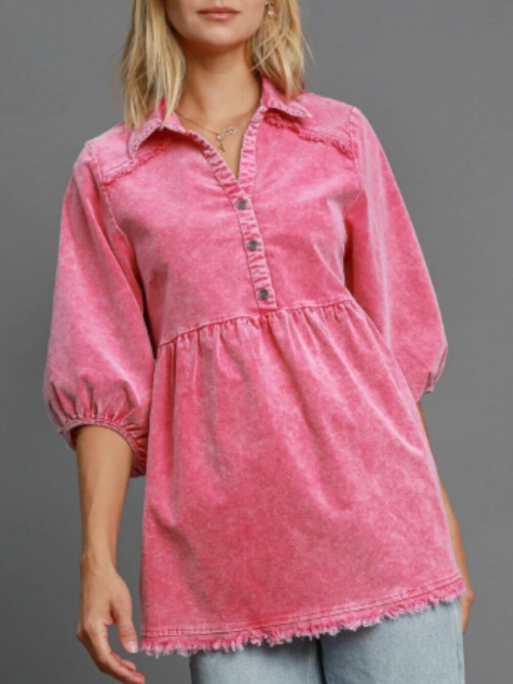 Umgee Stone Washed Corduroy Tunic Top in Hot Pink